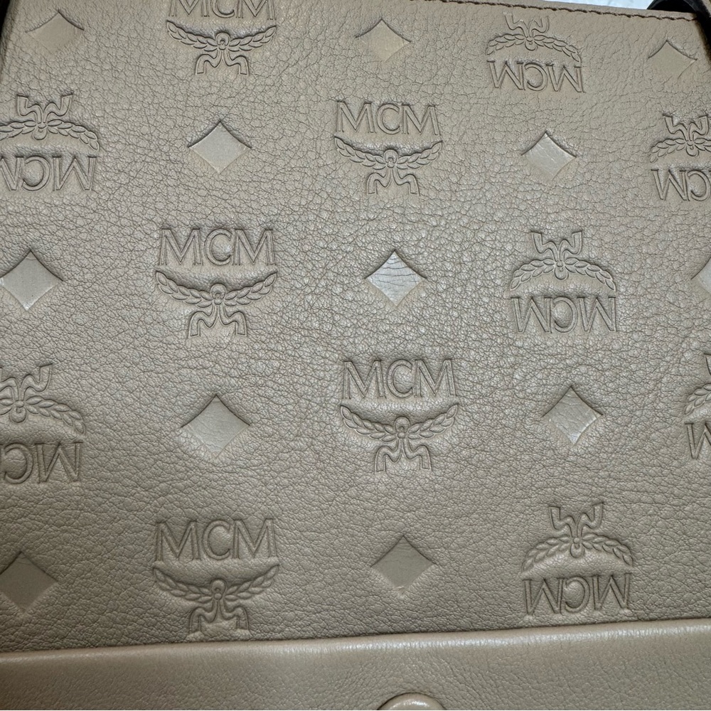 MCM Beige/Tan Logo Embossed Leather Tote - Picture 4 of 14